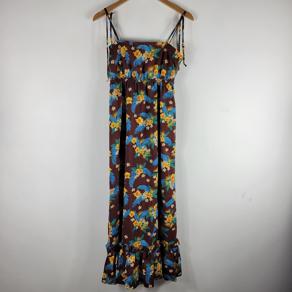 Hilo Hattie Vintage 70s Hawaiian Floral Spaghetti Strap Ruffle Trim Maxi Dress